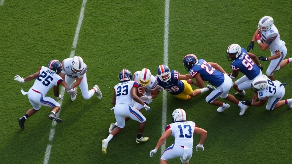 Aerial view of college football game in progress showing running back with ball being tackled by multiple defenders on grass field, intense competitive moment