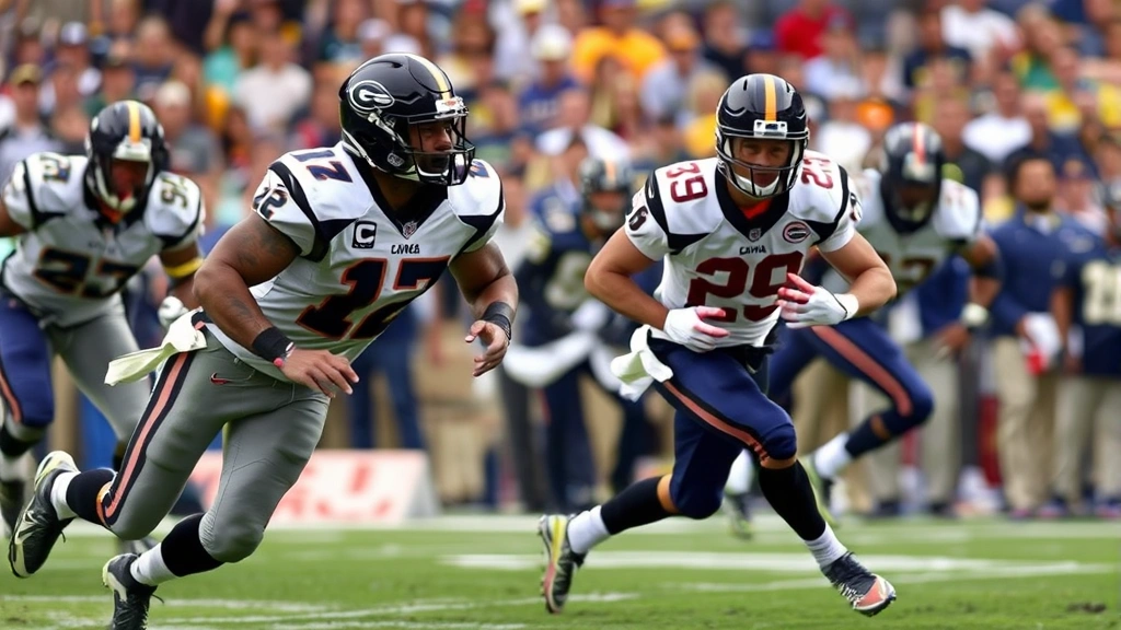 Defensive lineman in mid-pursuit of opposing quarterback, showing athletic positioning and aggressive pursuit, stadium environment with fans visible but blurred