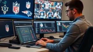 Professional fantasy football player analyzing statistics on laptop with NFL team logos and player photos displayed on multiple monitors in modern sports analytics setup