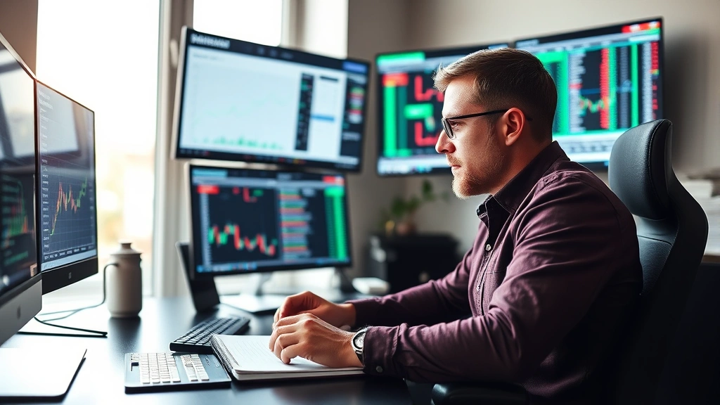 Professional fantasy football manager analyzing trade charts and player statistics on multiple screens, intense focus, modern home office setup, bright natural lighting, notebook with trade calculations visible