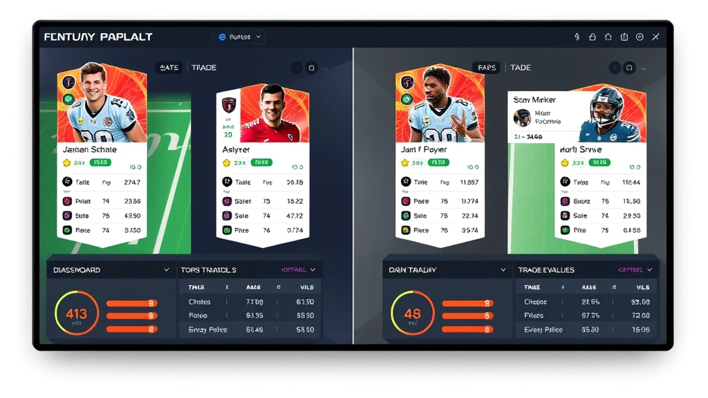 Split-screen comparison showing fantasy football player cards with detailed stats, metrics highlighted, trade evaluation dashboard, professional sports analytics aesthetic, clean digital interface design