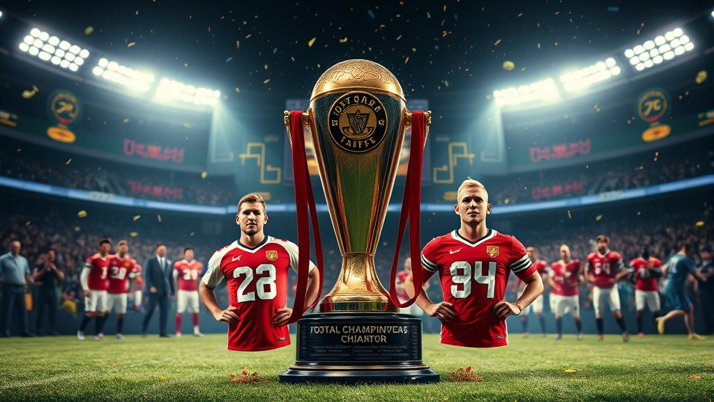 Fantasy football championship trophy with elite player jerseys, playoff bracket visualization, victory celebration atmosphere, professional sports photography style, dynamic lighting emphasizing success and achievement