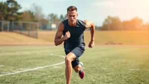 Male athlete performing high-intensity sprint interval training outdoors on grass field, full body motion captured mid-sprint with intense facial expression showing maximum effort and power output during competitive conditioning session