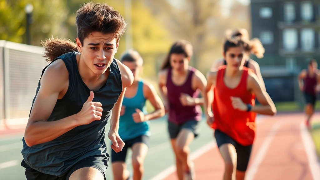 Young athlete completing repeated sprint intervals with visible fatigue but determined expression, showing recovery between high-intensity efforts during structured HIIT training session in outdoor sports environment with natural lighting