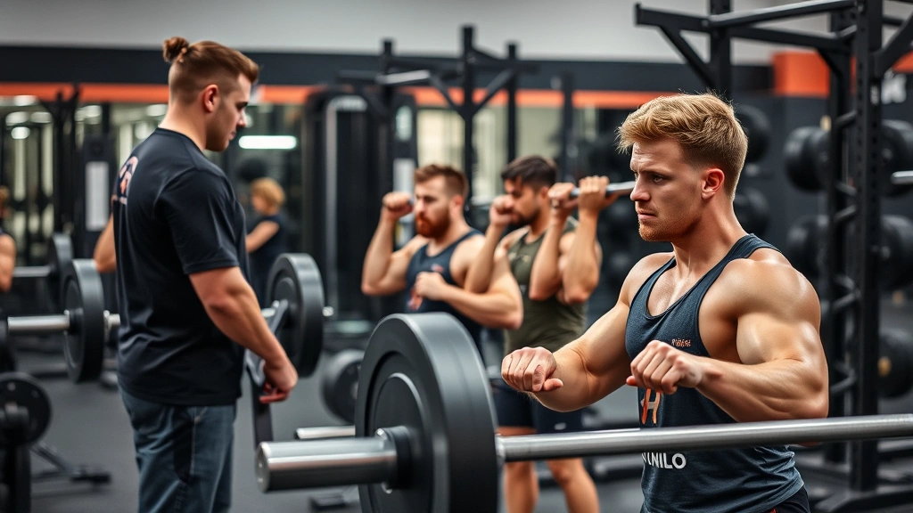 Strength training facility with athletes performing barbell exercises, coach providing feedback, professional equipment visible, focused determination on athletes' faces during intense workout session