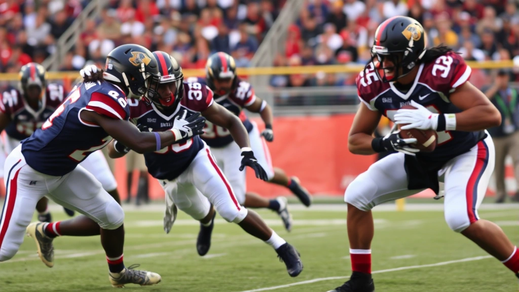 Defensive football players executing gap discipline and pursuit during game action, demonstrating technique and coordination, athletic intensity and strategic positioning emphasized