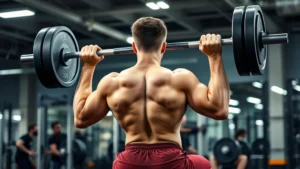 Athletic male performing heavy back squat with proper form in modern commercial gym, loaded barbell on shoulders, deep squat position, focused expression, professional lighting