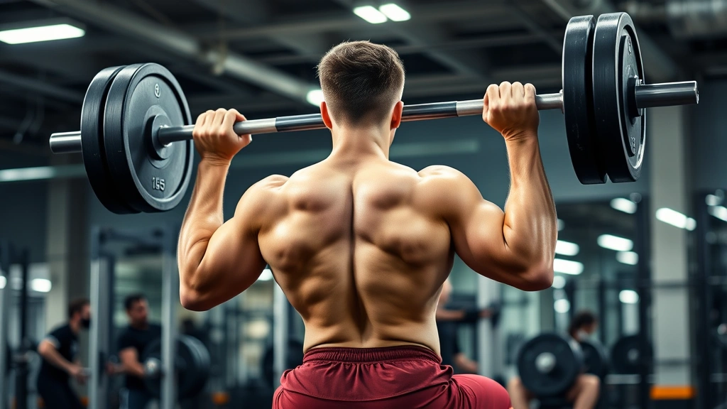 Athletic male performing heavy back squat with proper form in modern commercial gym, loaded barbell on shoulders, deep squat position, focused expression, professional lighting