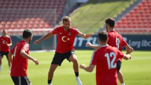 Professional football players in Turkish national team red jerseys executing tactical passing drill during training session, focused intensity, natural stadium lighting