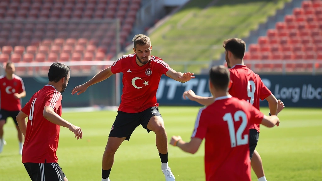 Professional football players in Turkish national team red jerseys executing tactical passing drill during training session, focused intensity, natural stadium lighting