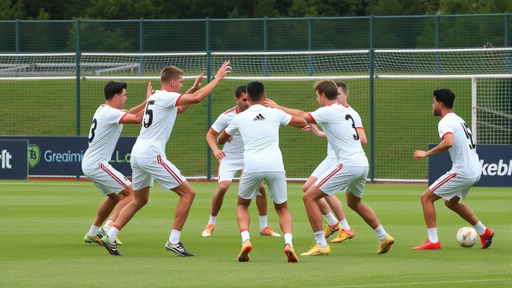 Hungarian national football team defenders in white jerseys performing compact defensive organization drill, pressing coordination, outdoor training ground