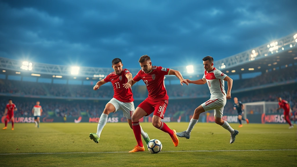 International football match action scene showing both Turkish and Hungarian players competing for possession, dynamic movement, professional stadium environment, evening match lighting