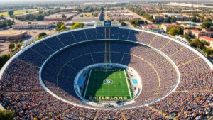 Wide aerial view of the Rose Bowl stadium filled with UCLA Bruins fans wearing blue and gold, packed stands under bright afternoon sunlight, dynamic crowd energy visible