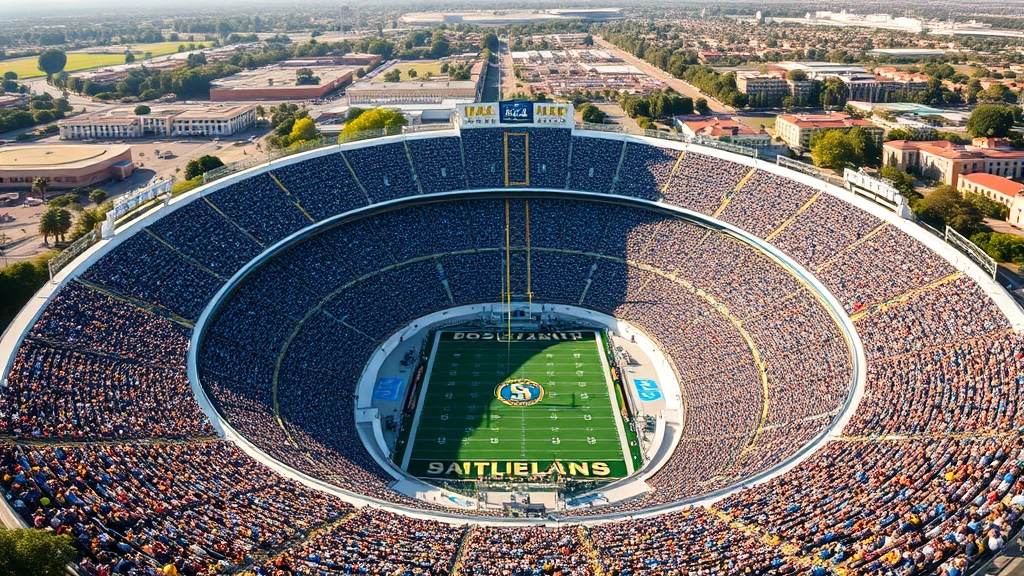 Wide aerial view of the Rose Bowl stadium filled with UCLA Bruins fans wearing blue and gold, packed stands under bright afternoon sunlight, dynamic crowd energy visible