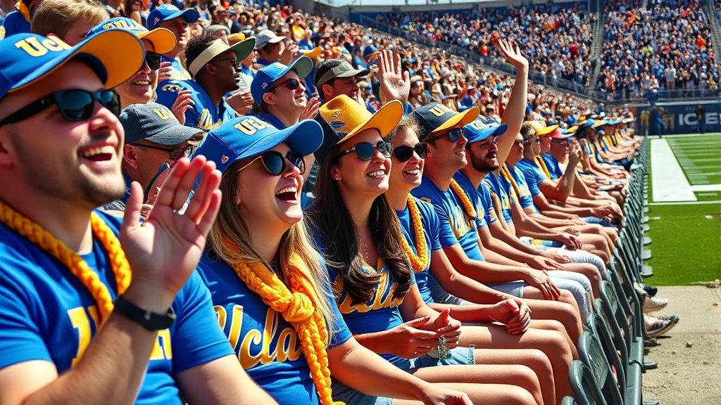 Close-up of excited college football fans in UCLA blue and gold gear sitting in stadium seats, cheering with passion, sunny day with clear visibility of field