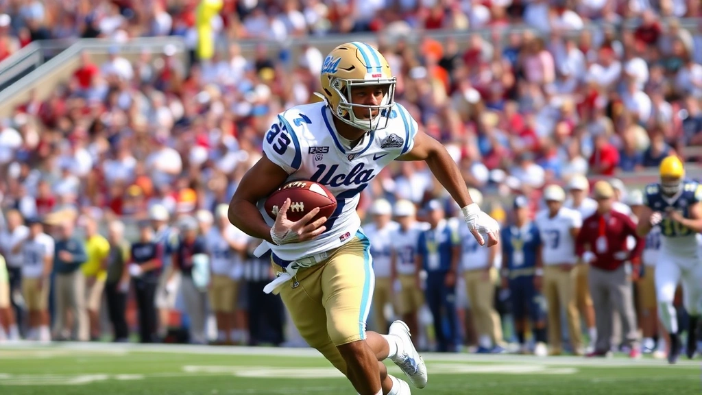 Action shot of UCLA Bruins football player in uniform running with the ball during game, Rose Bowl stadium crowd blurred in background, dynamic athletic movement