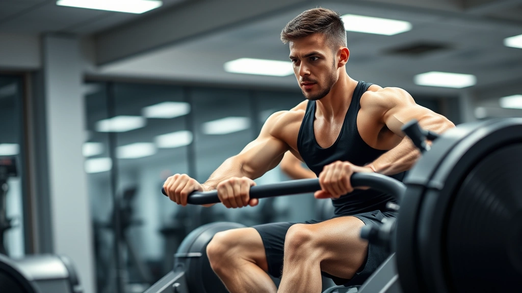 Fit athlete performing high-intensity interval training on rowing machine, muscles engaged, intense effort, modern gym setting, professional lighting, dynamic motion
