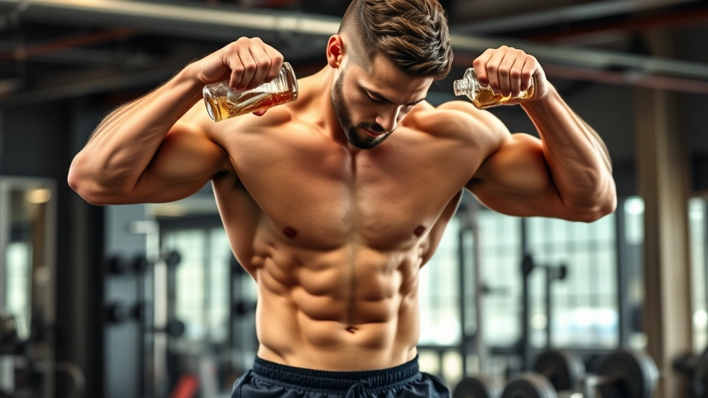 Muscular fitness enthusiast combining strength training with cardio recovery, post-workout hydration, professional gym background, athletic physique, recovery phase