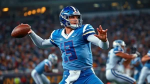 Professional college football quarterback in blue and white uniform executing precise passing motion during intense rivalry game, stadium lights in background, dynamic action shot