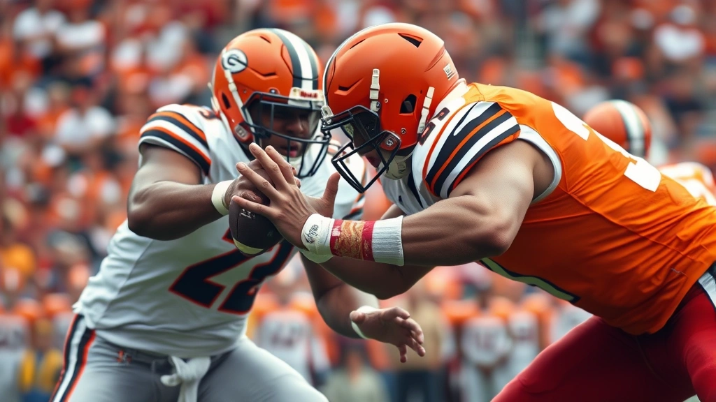 Dominant defensive lineman in orange and white jersey pressuring opposing quarterback, hand placement technique visible, crowd energy evident in blurred stadium background
