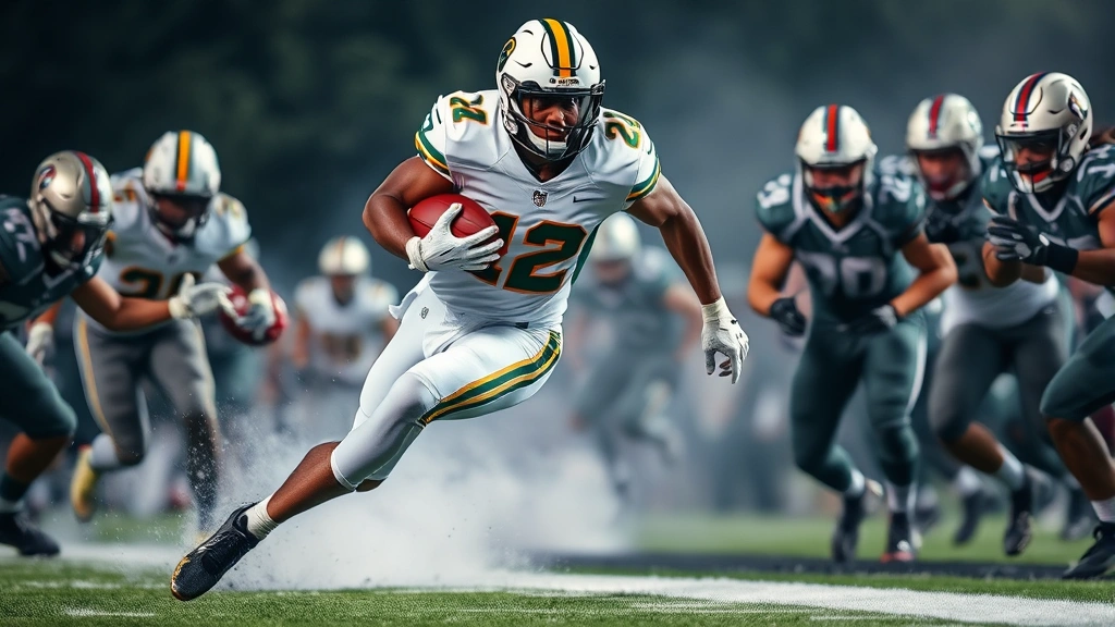 Elite running back in football gear breaking through defensive line with powerful acceleration, leg drive explosive, field markers and sideline visible, athletic intensity captured