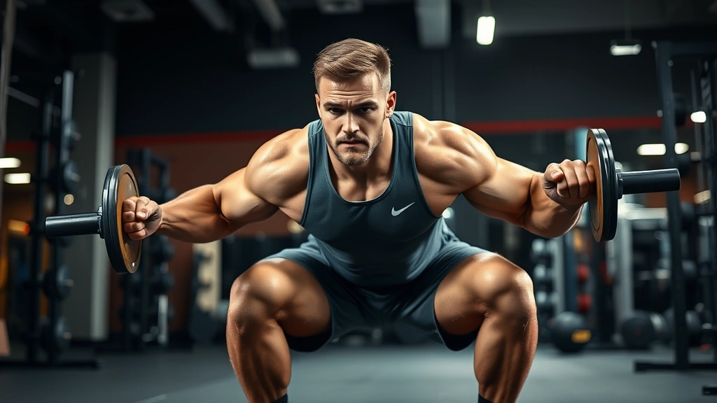 Athletic male football player performing explosive squat exercise in modern gym with intense focus and proper form, sweat visible, professional lighting