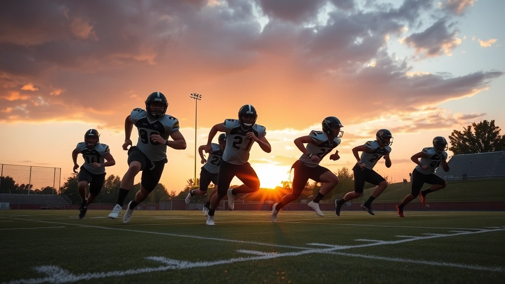 College football players executing high-intensity sprint interval training on outdoor field at sunset, showing athletic power and team coordination