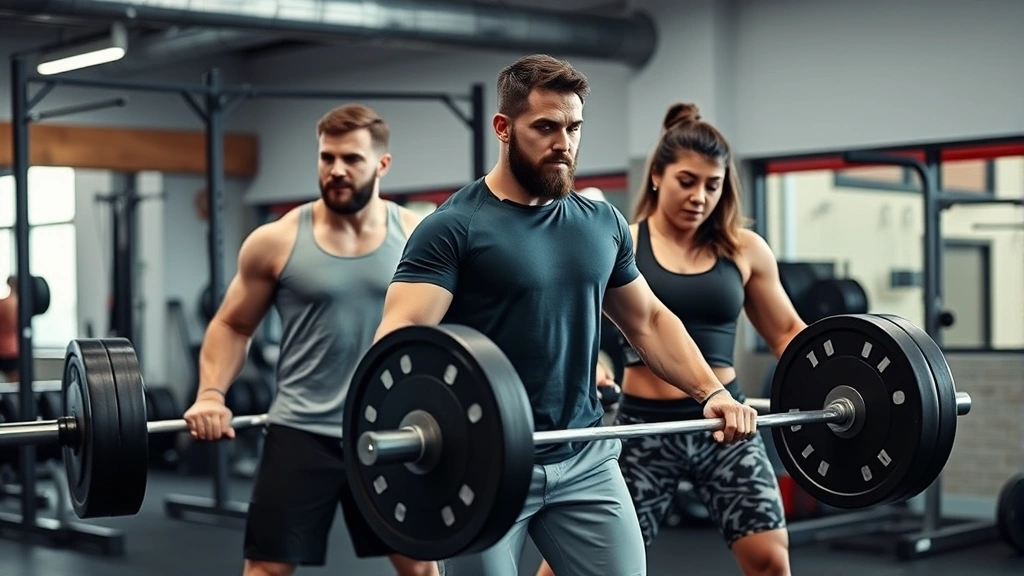 Diverse team of strength athletes performing synchronized barbell compound lift exercise together, demonstrating strength training and team culture in professional gym setting