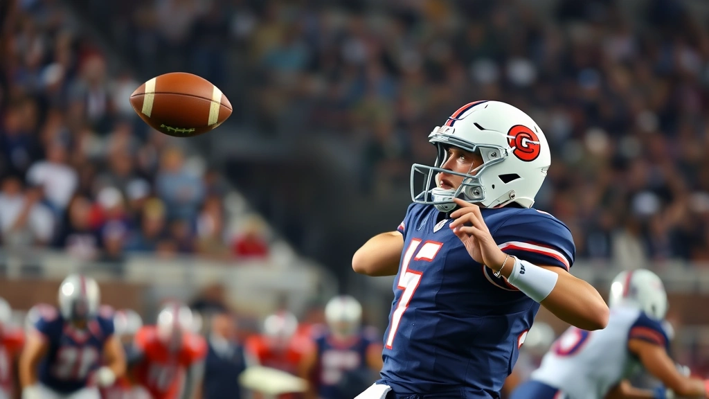 College football quarterback mid-throw during game action, athletic motion, intense focused expression, stadium lighting background, professional sports photography