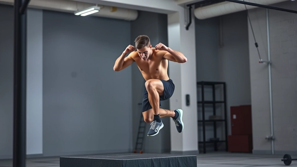 College football player performing explosive box jump in modern gym facility, athletic muscular physique, focused intensity, professional lighting, concrete floor, minimal background