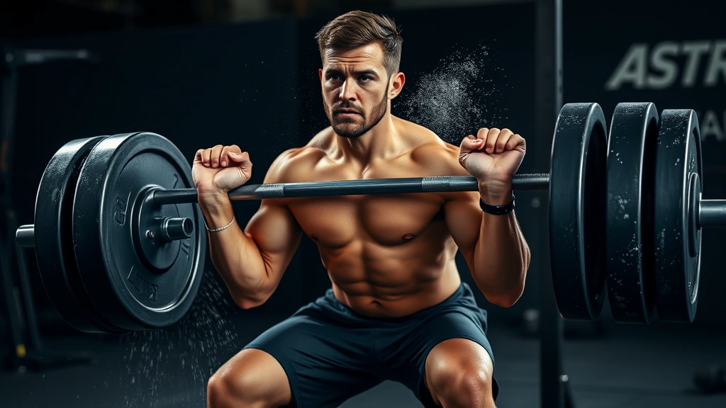 Strength athlete executing heavy barbell back squat with perfect form, multiple 45-pound plates loaded, chalk dust in air, concentrated facial expression, gym setting