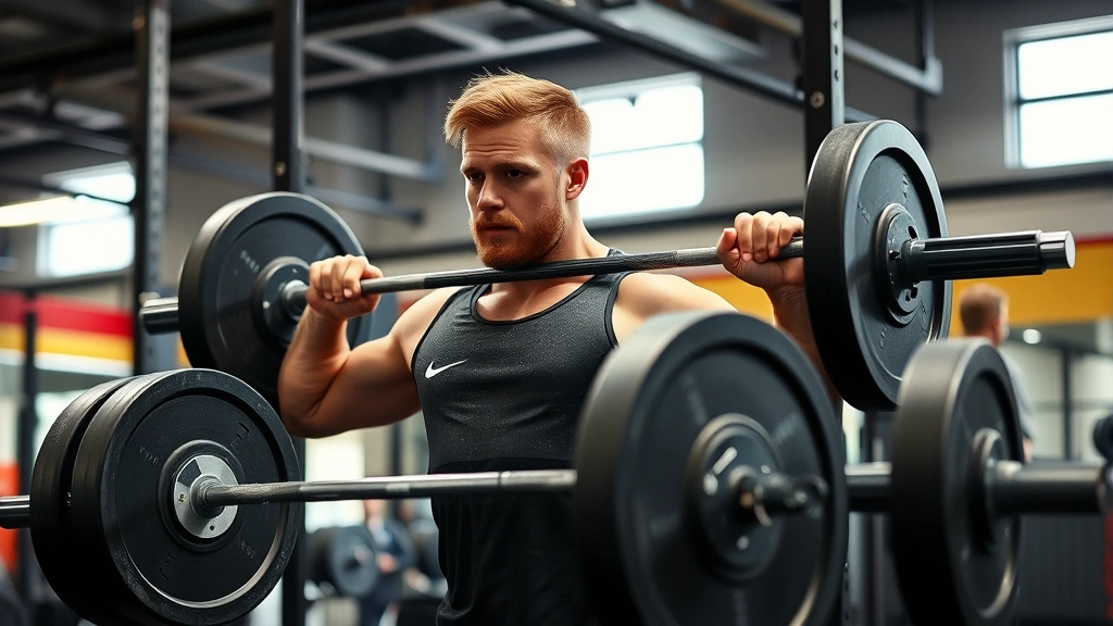 Male college football player performing a power clean with a loaded barbell in a modern strength training facility, intense focus, chalk dust visible, professional gym setting