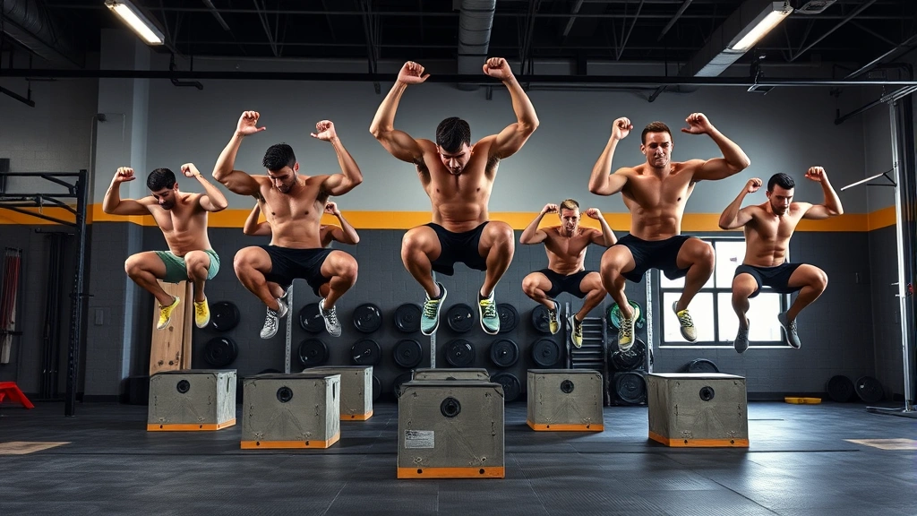 Athletic team performing box jump exercises simultaneously in a weight room, multiple athletes mid-jump showing explosive power, professional training environment with proper equipment