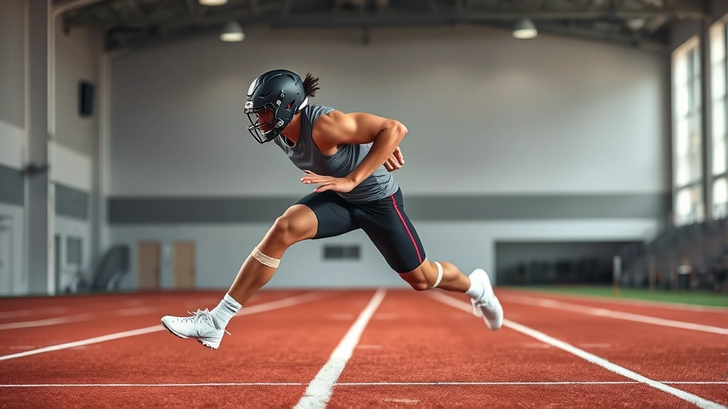 College football player executing a sprint drill with perfect form on an indoor track, explosive acceleration, muscular definition visible, professional athletic facility