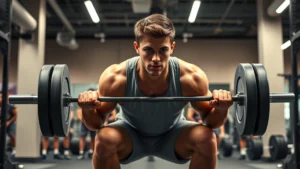 College football player performing heavy barbell squat in modern weight room with teammates in background, intense focus and proper form, professional lighting, athletic build, determination visible