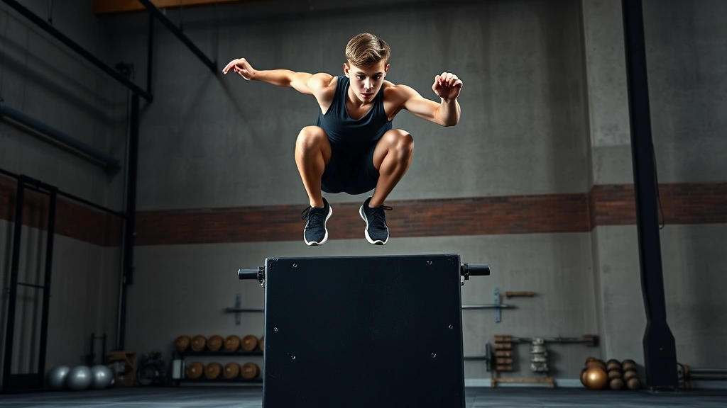 Young athlete executing explosive box jump in training facility, maximum height mid-jump with dynamic form, concrete floor and black box, athletic wear, concentrated expression, professional photography