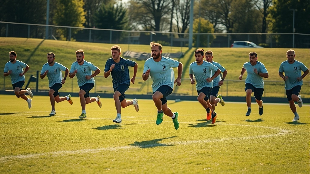 Football team performing sprint interval training on outdoor grass field, multiple players mid-sprint showing maximum effort, afternoon sunlight, athletic conditioning, motion captured, motivational atmosphere