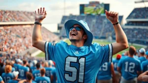 Fit fan in Carolina blue jersey cheering enthusiastically at packed college football stadium during daytime game, showing athletic energy and passion for sports