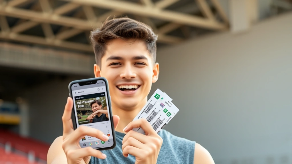 Young athletic person holding stadium tickets with excited expression, modern smartphone displaying ticket app, bright natural lighting, genuine happiness