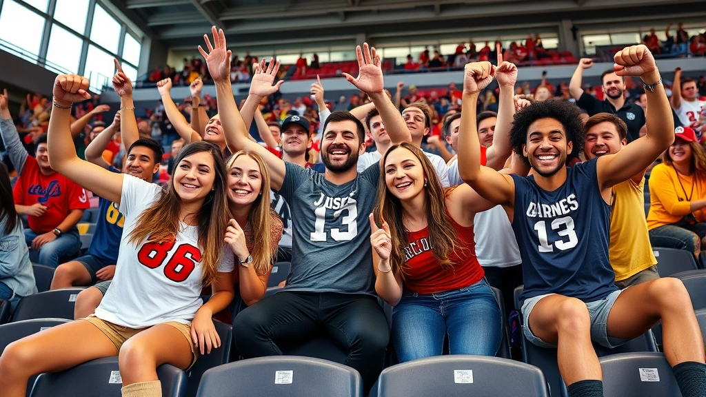 Group of fit sports fans celebrating together in stadium seats, wearing team apparel, dynamic action shot capturing game day atmosphere and camaraderie