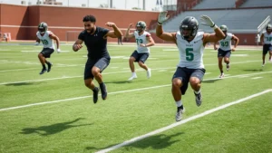 Elite college football players performing explosive plyometric drills on outdoor practice field, athletic movement captured mid-jump, muscular athletes in team apparel demonstrating power development