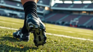 Professional football player wearing black and white Under Armour cleats, explosive acceleration motion on grass field, dynamic athletic movement, side angle view, stadium background blurred