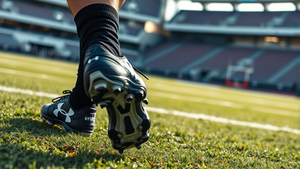 Professional football player wearing black and white Under Armour cleats, explosive acceleration motion on grass field, dynamic athletic movement, side angle view, stadium background blurred