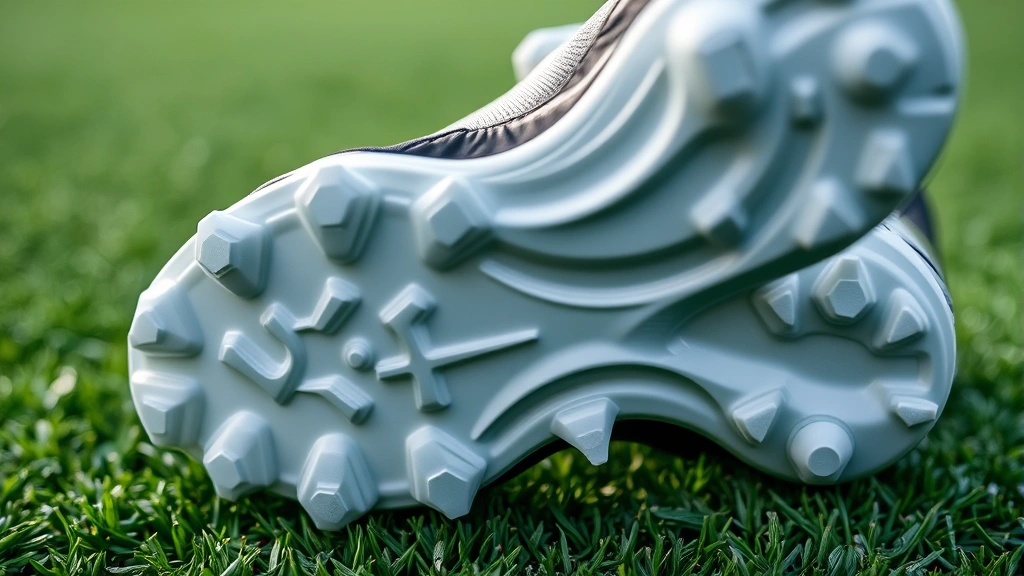 Close-up detail of Under Armour cleat sole and stud pattern on artificial turf surface, showing traction and grip technology, professional product photography angle