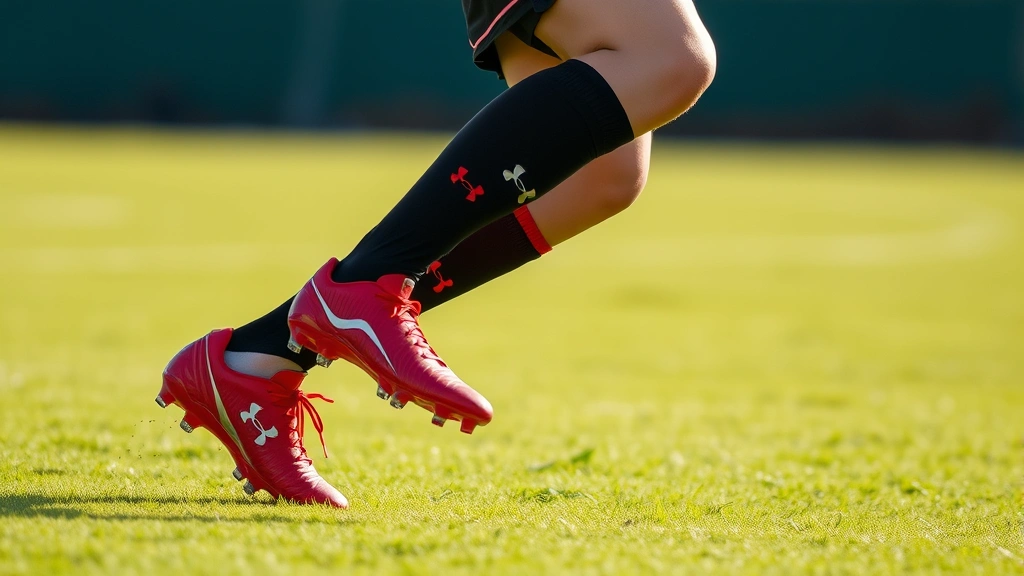 Football player mid-cut movement wearing red Under Armour cleats on natural grass, lateral agility demonstration, competitive game situation, sharp focus on footwork and balance