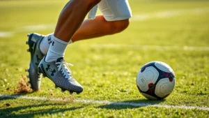 Professional football player wearing Under Armour cleats performing explosive lateral cut on grass field, dynamic action shot showing foot plant and agility, bright natural lighting