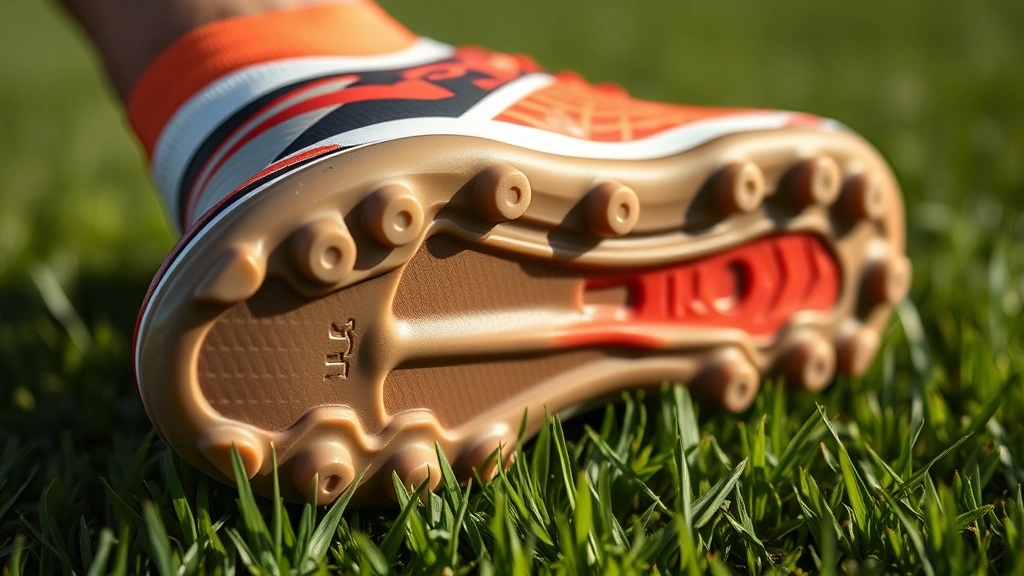 Close-up detail of Under Armour football cleat sole showing traction pattern and cleat studs on natural grass, photorealistic texture showing grip technology, side angle perspective