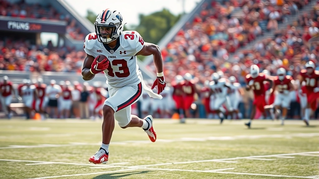 College football player in Under Armour cleats sprinting downfield during competitive game, motion blur background showing speed and power, natural stadium lighting