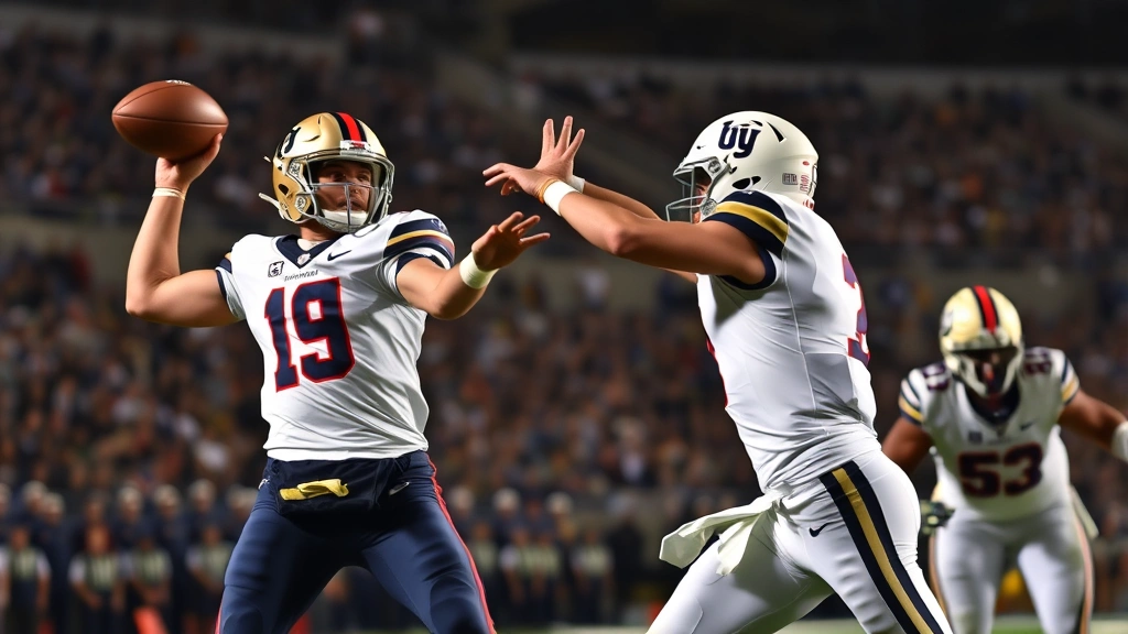 Two college football quarterbacks in game action, one executing a perfect spiral pass while defenders close in, stadium lights illuminating the moment, dynamic athletic movement captured mid-throw showing explosive lower body power and core engagement