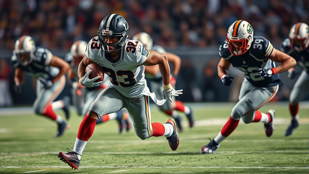 Elite running back breaking through the line with powerful leg drive, evading defenders with lateral agility, showing muscular physique and athletic explosion, football action photography with blurred background emphasizing speed and power